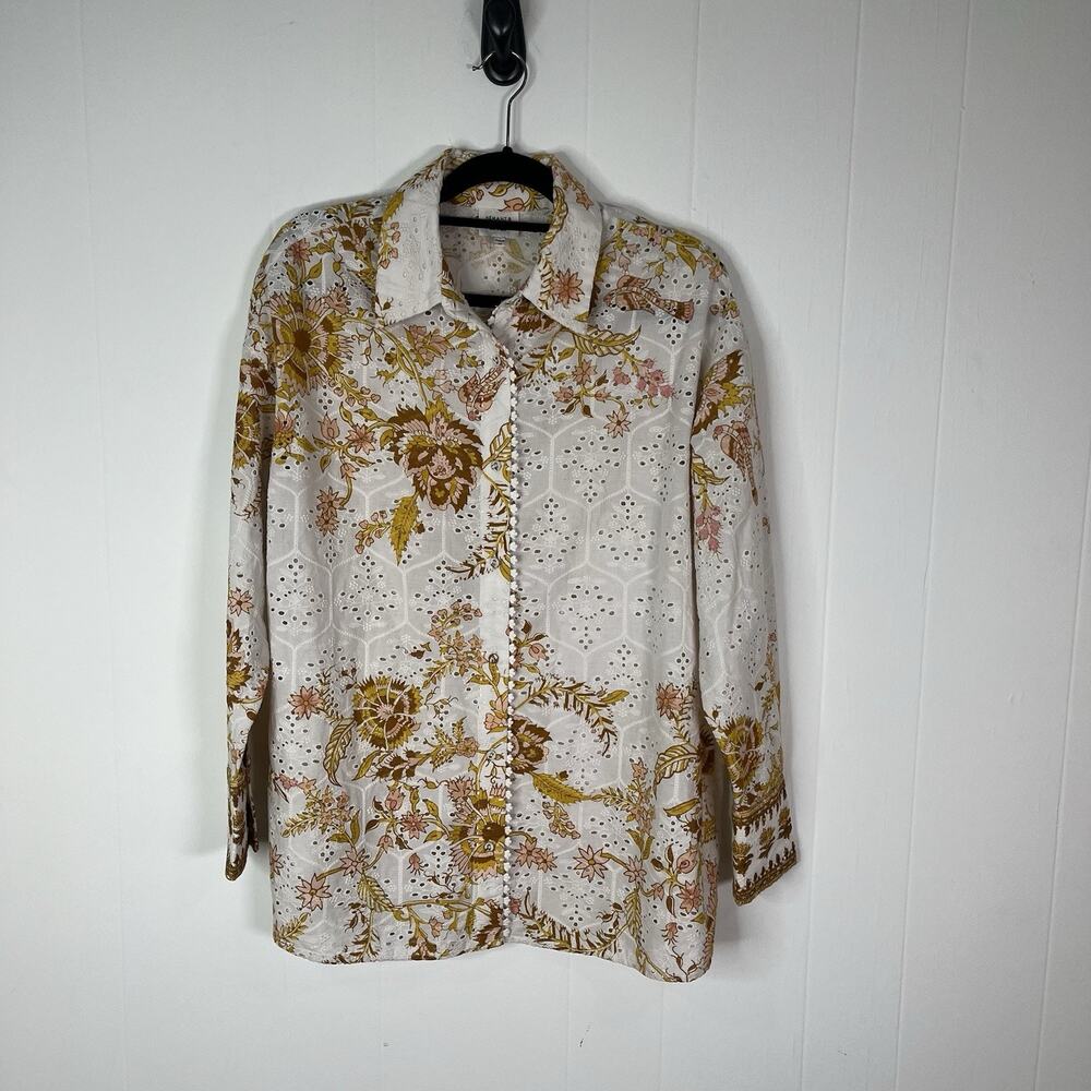 Hemant & Nandita Eyelet Floral Shirt XS Cotton Embroidered Button Front